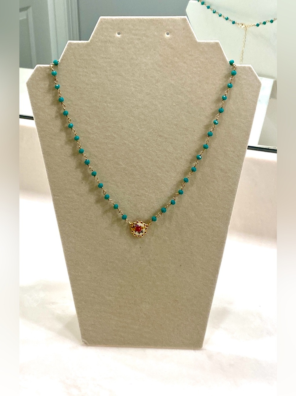 Plunder Gold & Turquoise Bead Necklace with Floral Centerpiece